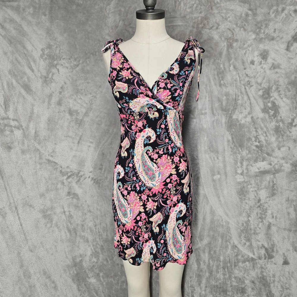 Angie Dress Women M Black Paisley Floral Tie Shoulder V-Neck Rayon Mini Boho Y2K
